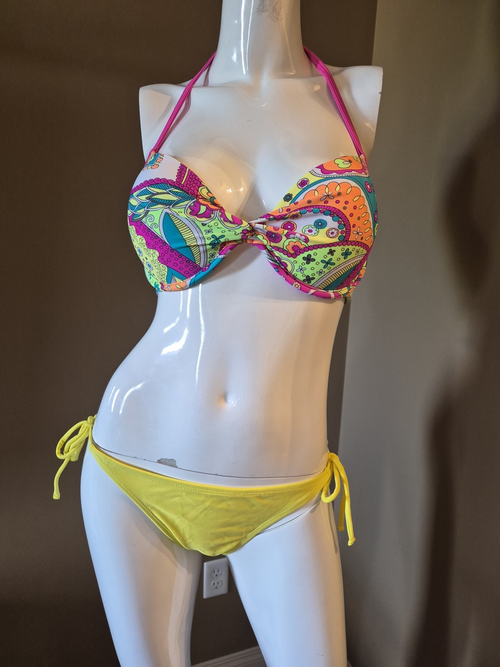 Neon Paisley Push-Up Bikini Set with Yellow Tie-Side Bottoms